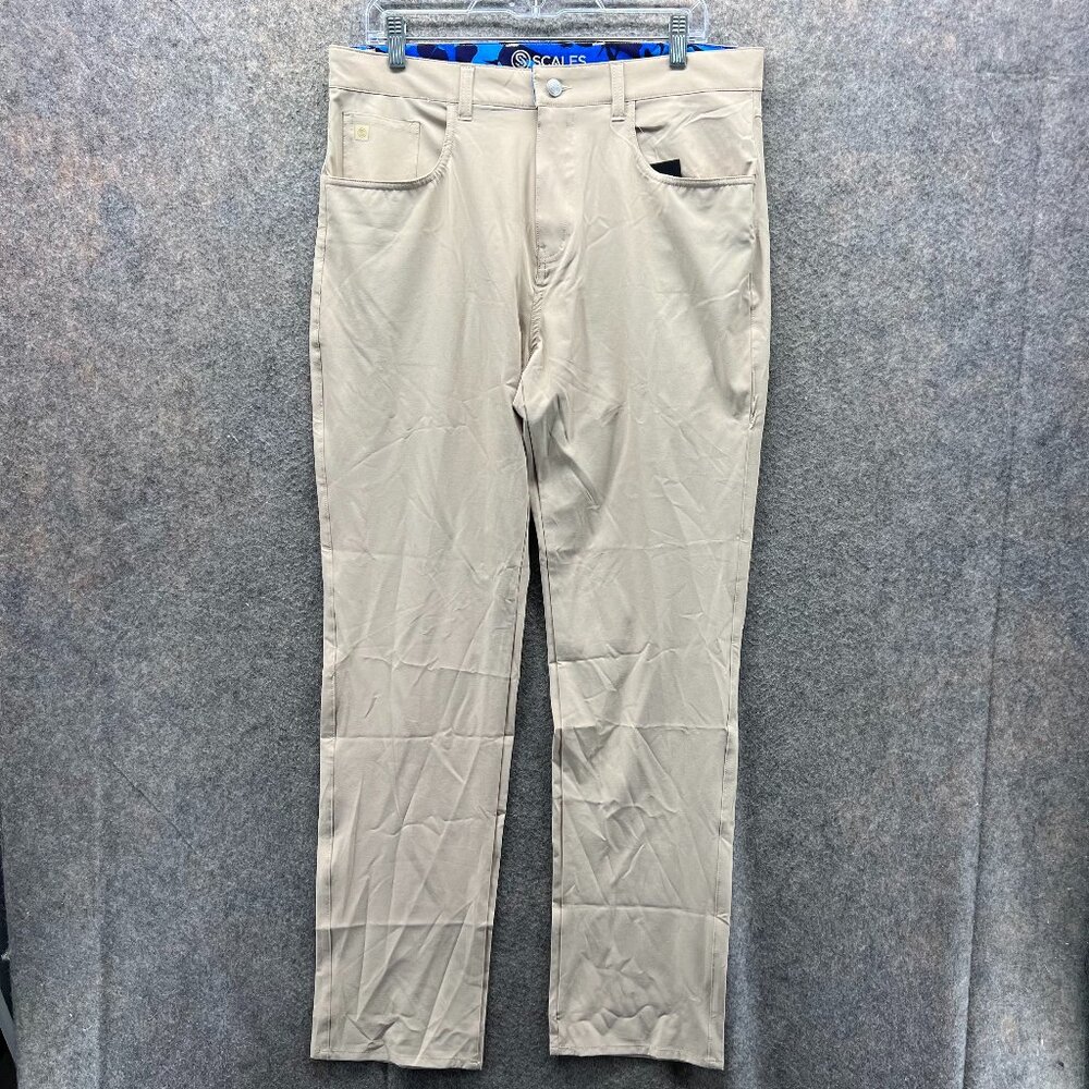 Scales Pants Men 33x32 Khaki Chino Flat All Tides Tan Beige Stretch New Golf